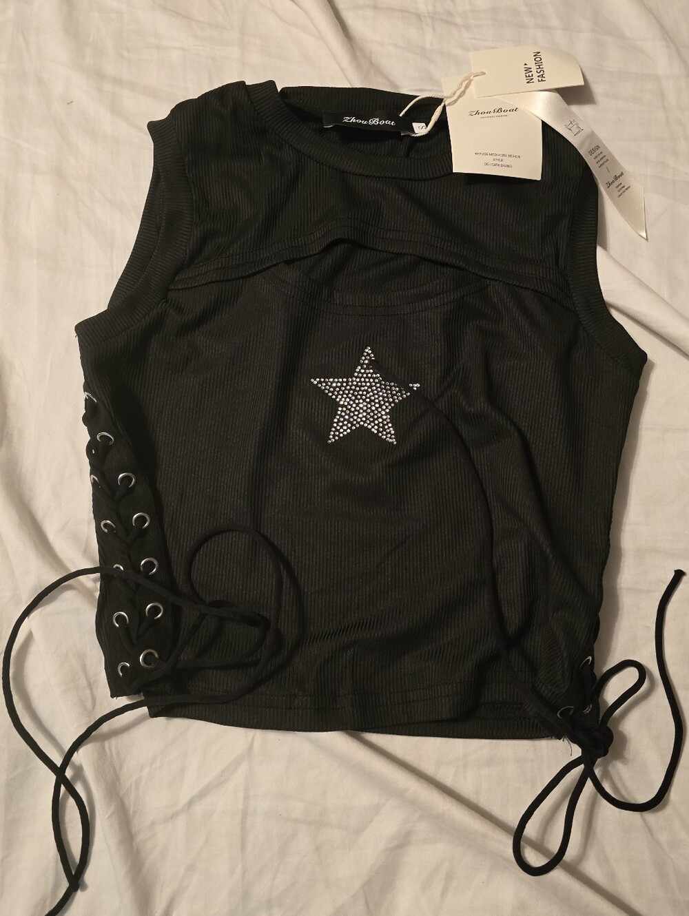 NWT! Lace Up Sides, Star, Cut-out Top By ZHOU BOAT. small.